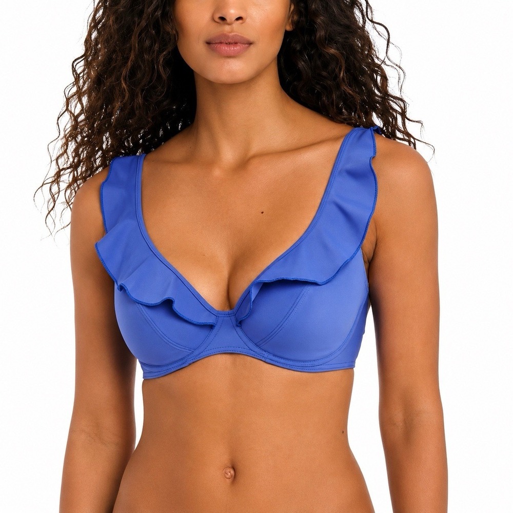 Freya Women's Bikini Top Jewel Cove High Apex Ruffle 32I Azure Blue NWT